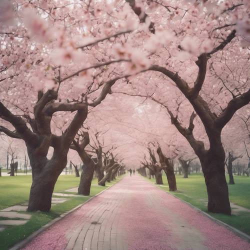Безмятежный городской парк пастельных тонов с цветущими вишневыми деревьями.