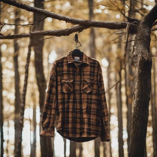 Una camicia a quadri marrone di un escursionista appesa a un ramo in una fitta foresta.