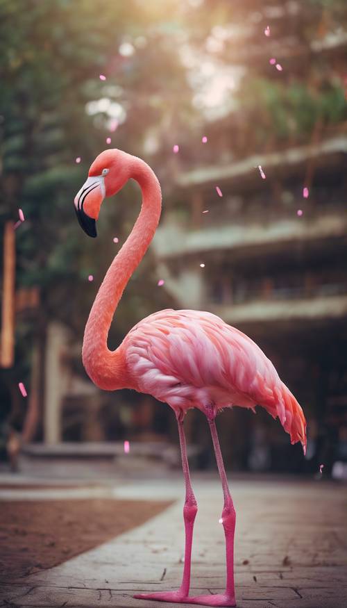 Seekor flamingo merah muda cerah berdiri dengan satu kaki, dengan kutipan inspiratif &#39;Berdiri tegak, jadilah dirimu sendiri&#39; di bawahnya.