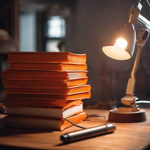 나무 책상 위에 주황색 백과사전이 쌓여 있고, 램프 조명이 방을 비추고 있습니다.