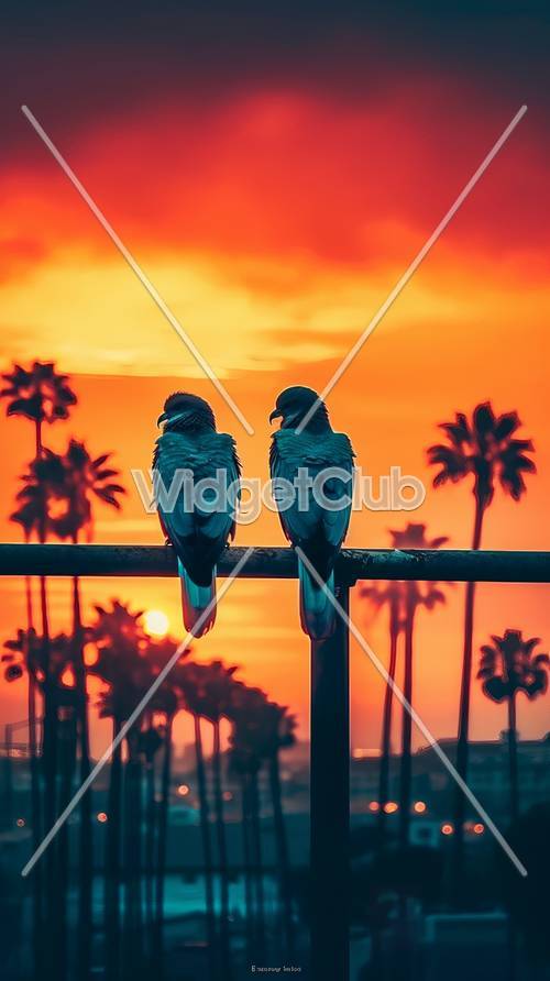 日落鳥類和棕櫚樹