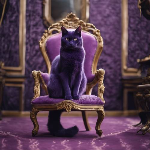 A slender purple cat, sat regally upon a fancy Victorian-style chair.