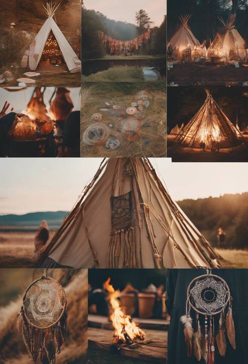 A boho-themed collage with a festival feel showcasing tipis, bonfires, and dreamcatchers.