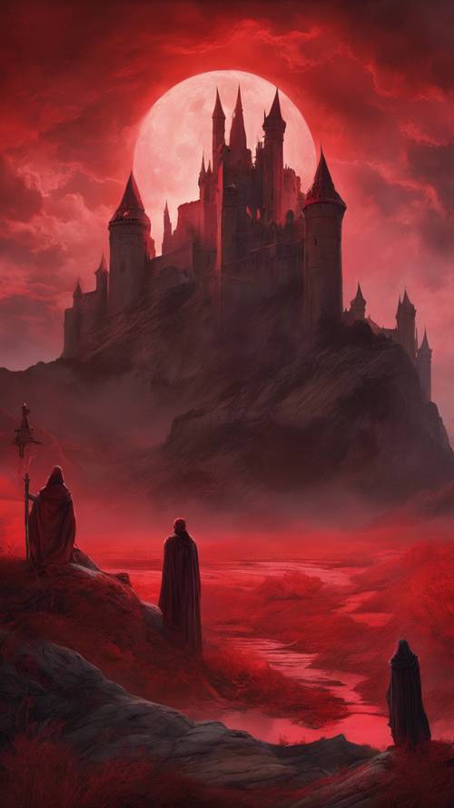 Dark fantasy landscape under a blood red sky with towering castles and eerie figures lurking.