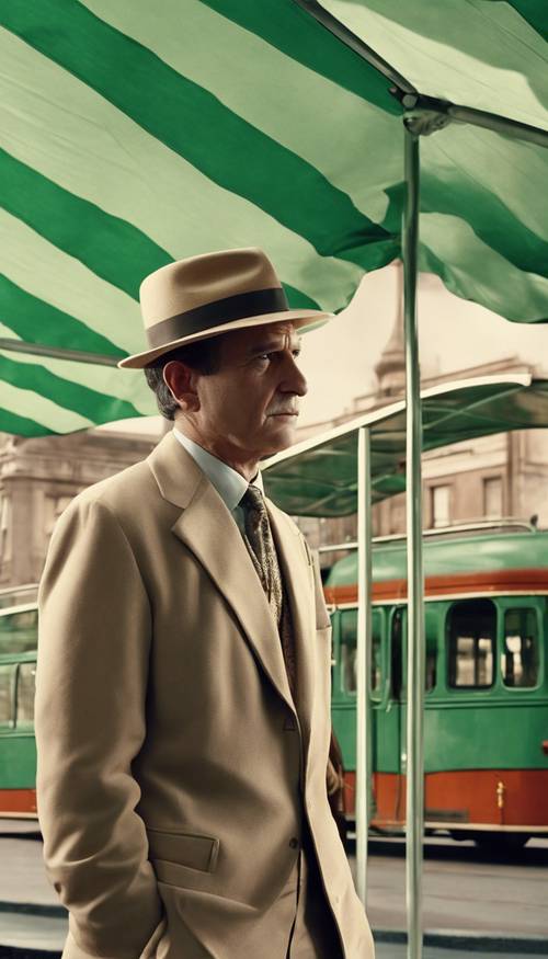Eine Szene aus einem alten Film, in der ein Mann in beigem Anzug und Hut unter einem gestreiften Vordach auf einen grünen Trolleybus wartet.