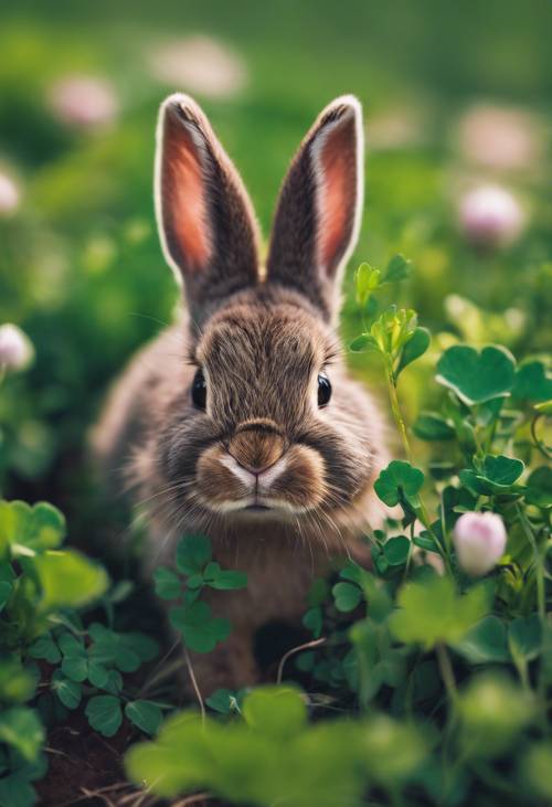 봄이 시작될 때 생기 넘치는 클로버 무리에서 밖을 내다보는 호기심 많은 아기 토끼.