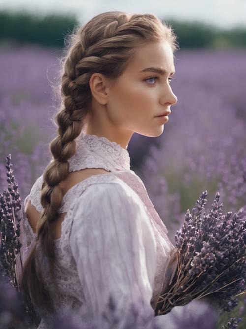 一个漂亮的、浅色眼睛的女孩，她的头发扎成经典的法式辫子，周围环绕着一片法国薰衣草田。