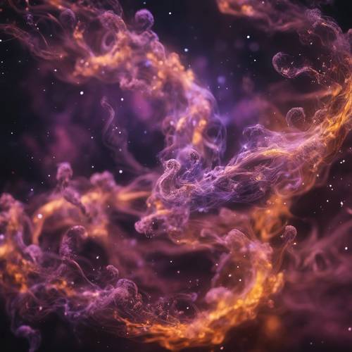 Kozmik bir arka planda yıldız tozuyla süslenmiş canlı, dönen duman dalları.
