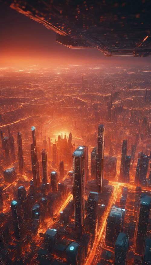 Un paysage urbain futuriste baigné d’un coucher de soleil orange, vu depuis la fenêtre d’une station spatiale.