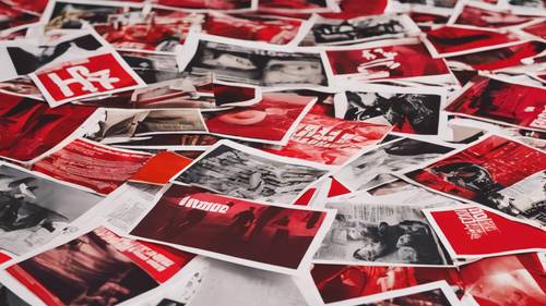 Un collage de recortes de revistas de temática roja del año 2000.
