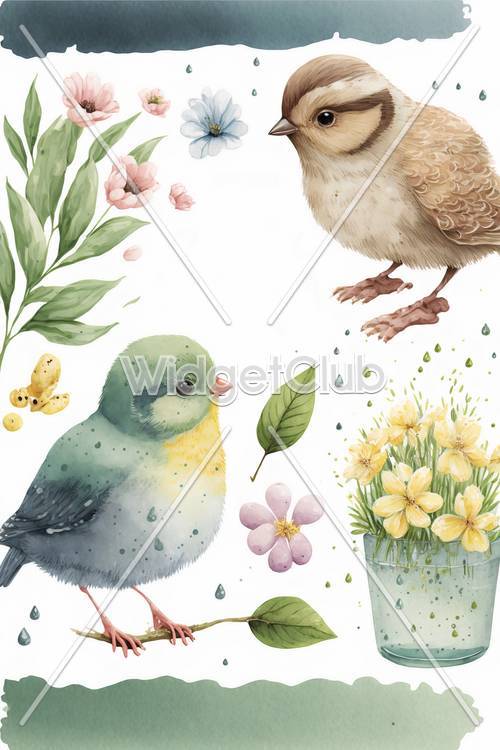 色とりどりの鳥と花のアートの壁紙