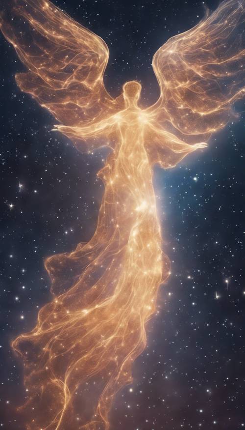 A magical nebula glowing, forming the shape of an angel in the midnight sky.