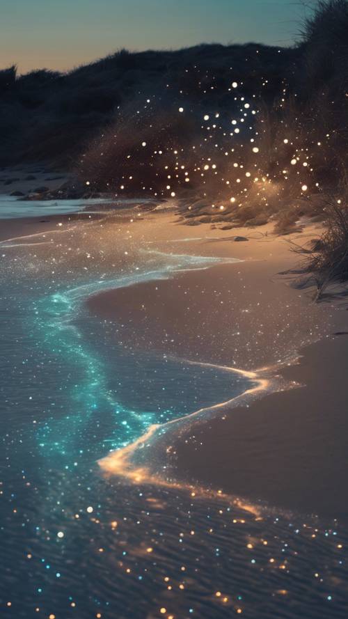 A starry night at the beach with glowing bioluminescent plankton washing up on the shore.