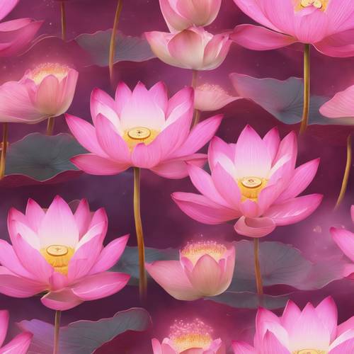 Padrão perfeito de flores de lótus aquecendo-se no brilho de uma aura espiritual rosa.