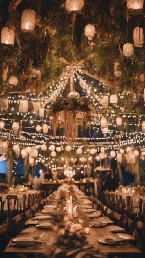 装饰精美的波西米亚风格婚礼场地，星空下有灯笼、捕梦网和彩灯。