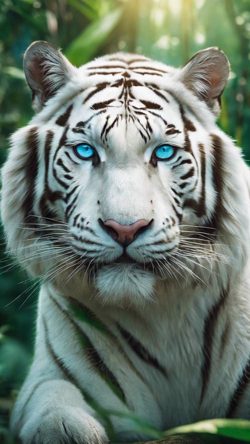 A close-up portrait of a majestic white tiger with piercing blue eyes, sitting in an emerald-green jungle.