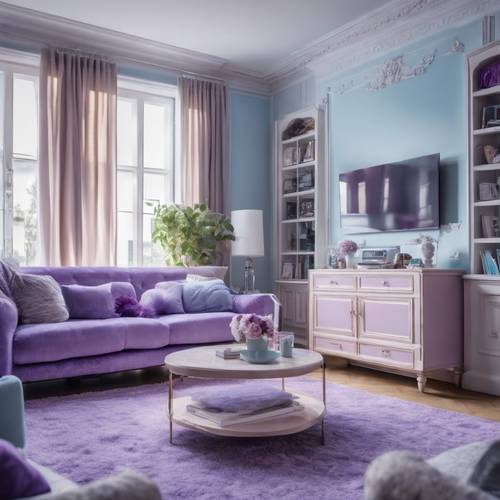 Una sala de estar de muy buen gusto con temática azul pálido y violeta con muebles lujosos.