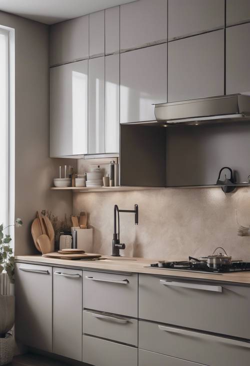 Dapur modern berwarna abu-abu dan krem ​​​​dengan garis-garis bersih dan desain minimalis.