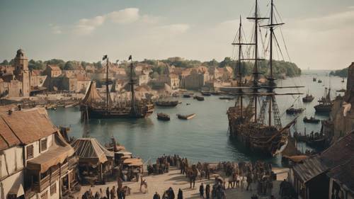Die historische Skyline einer Piratenstadt aus dem 17. Jahrhundert mit Schiffen im Hafen und geschäftigen Märkten.
