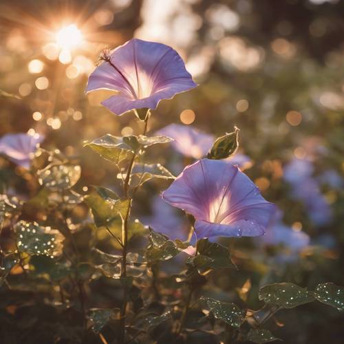 A bronze glitter strewn morning glory in the soft glow of a summer morning.