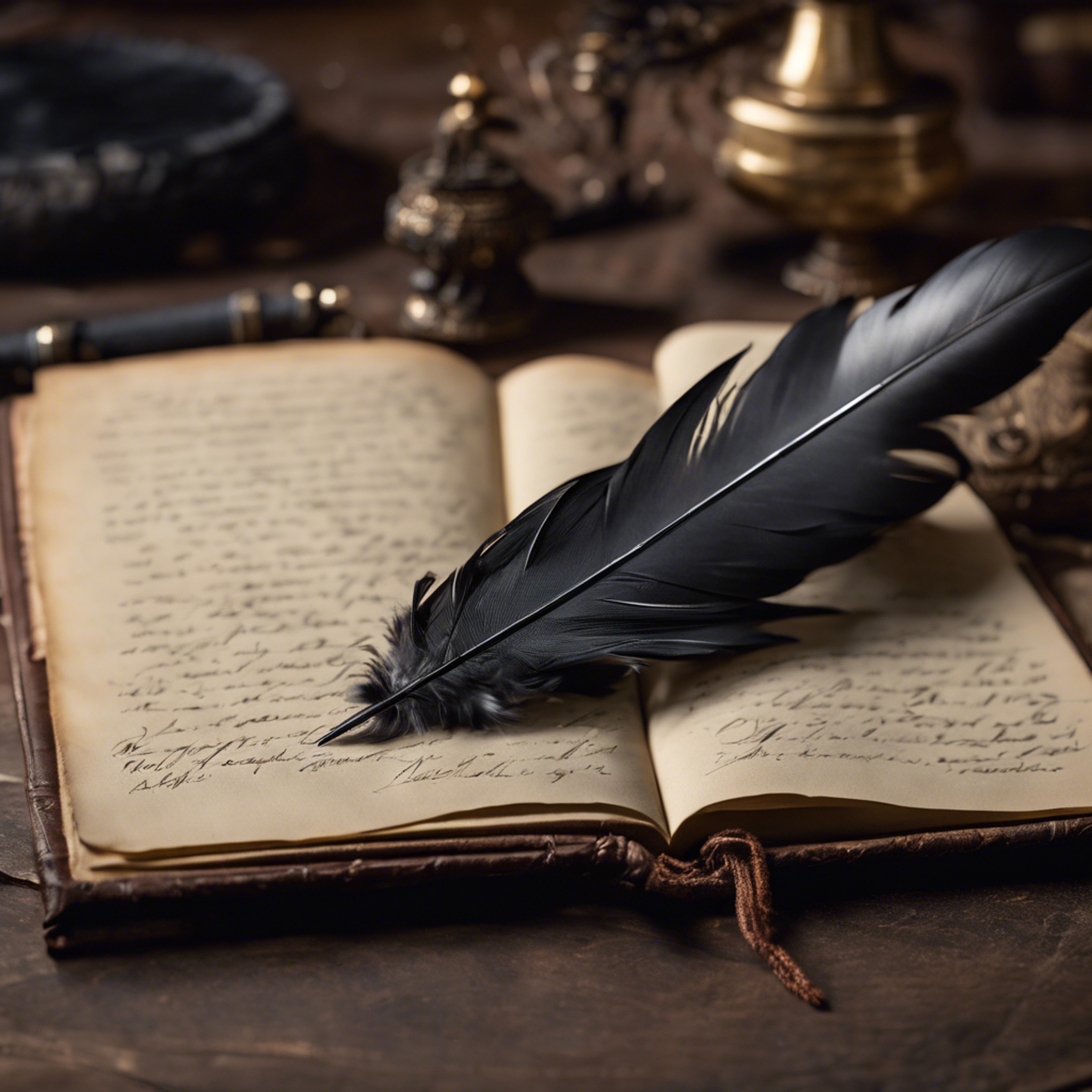 A black feather quill pen poised to write in an antique leather-bound journal. Тапет[1a576fd5c1f949af9941]