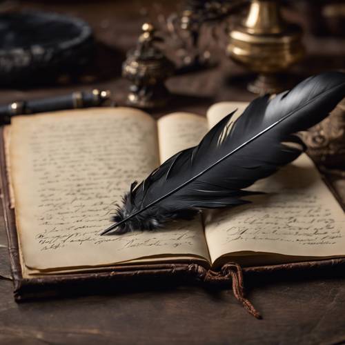 A black feather quill pen poised to write in an antique leather-bound journal.