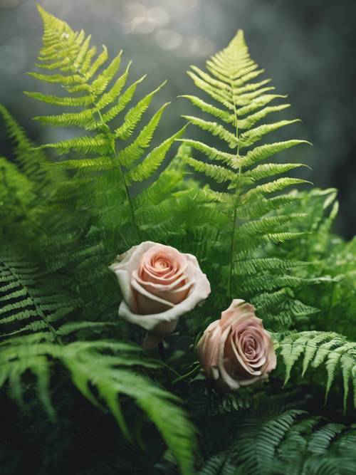 Bouquet de fougères d&#39;un vert intense accompagné de roses délicates.
