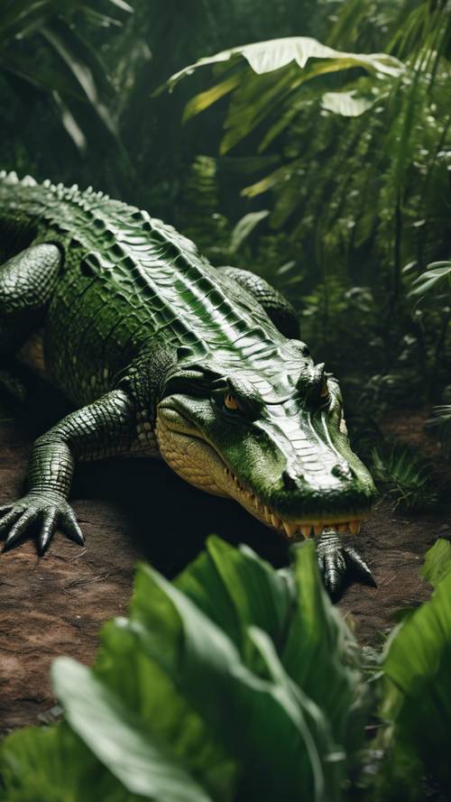 A crocodile with emerald green scales, camouflage against the lush vegetation of its tropical jungle surroundings.