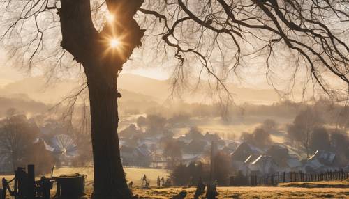 Ein heiteres, ästhetisches Bild eines Neujahrsmorgens mit den ersten Sonnenstrahlen, die über einem friedlichen Dorf scheinen.