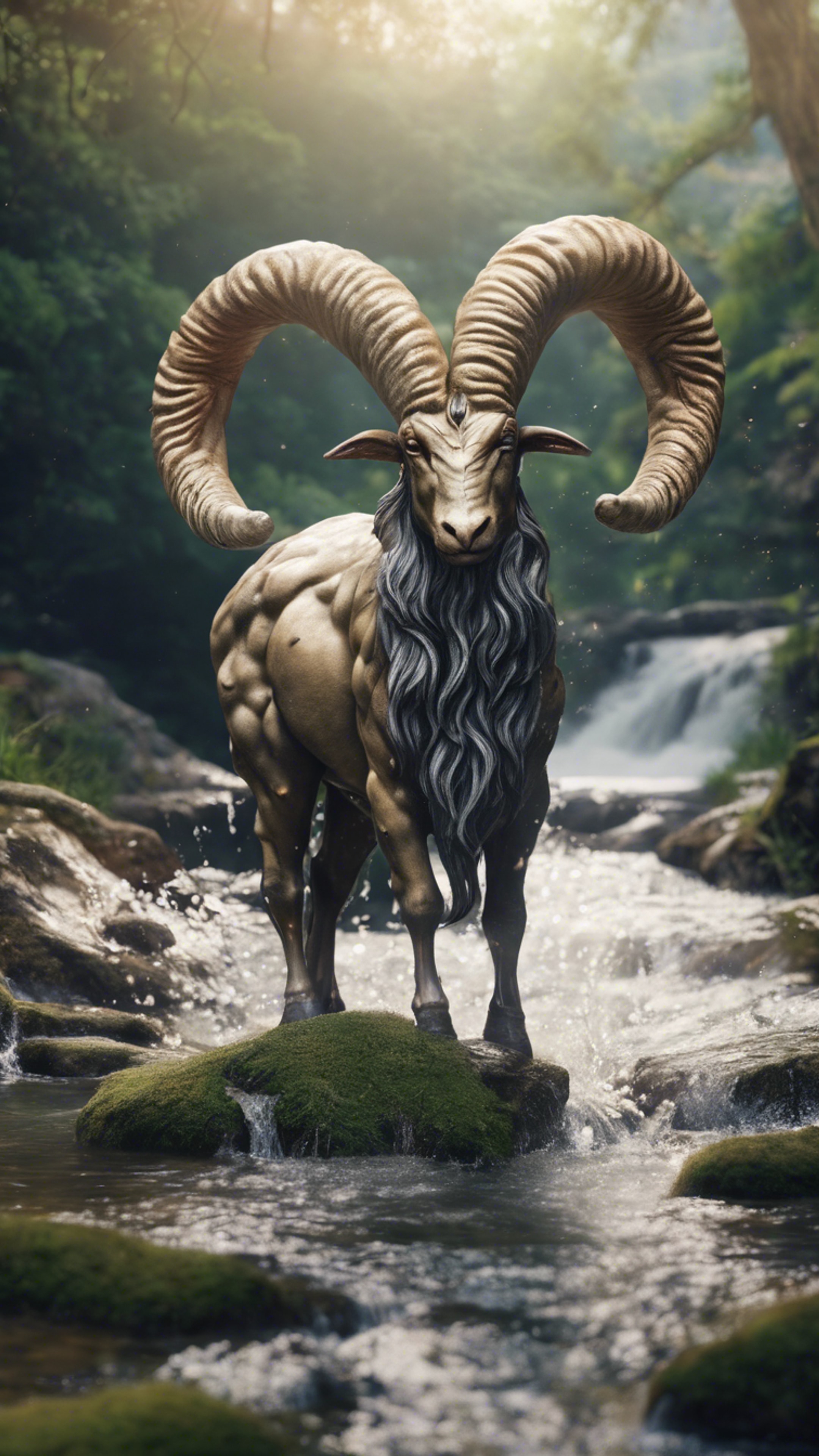 A majestic Capricorn mythological creature emerging from a rippling mountain stream in a magical realm.壁紙[1d41fc5909ee48ccb10b]