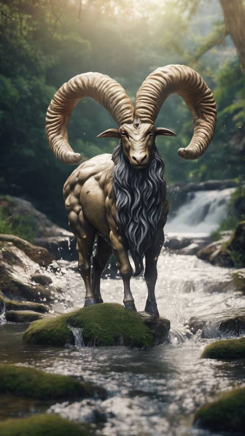 Une majestueuse créature mythologique du Capricorne émergeant d’un ruisseau de montagne ondulant dans un royaume magique.