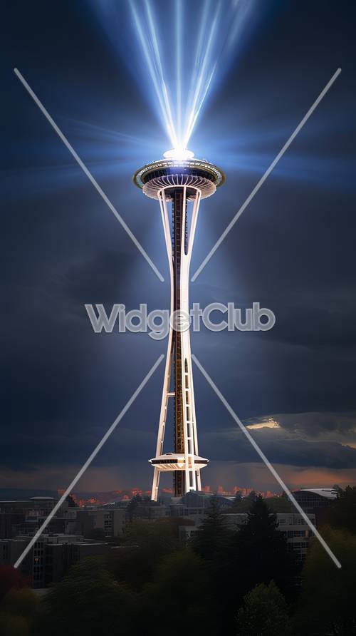 Glowing Space Needle at Night Sky Background