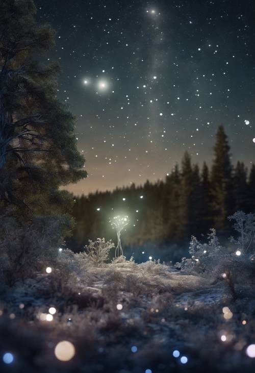 A celestial vision of the Aquarius constellation over the enchanted forest at night.