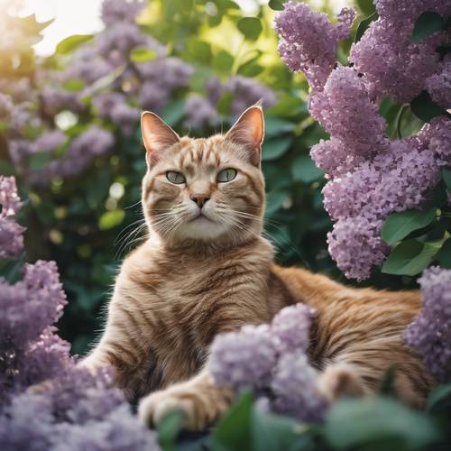 A cat lounging lazily under the cool shade of a lilac bush.