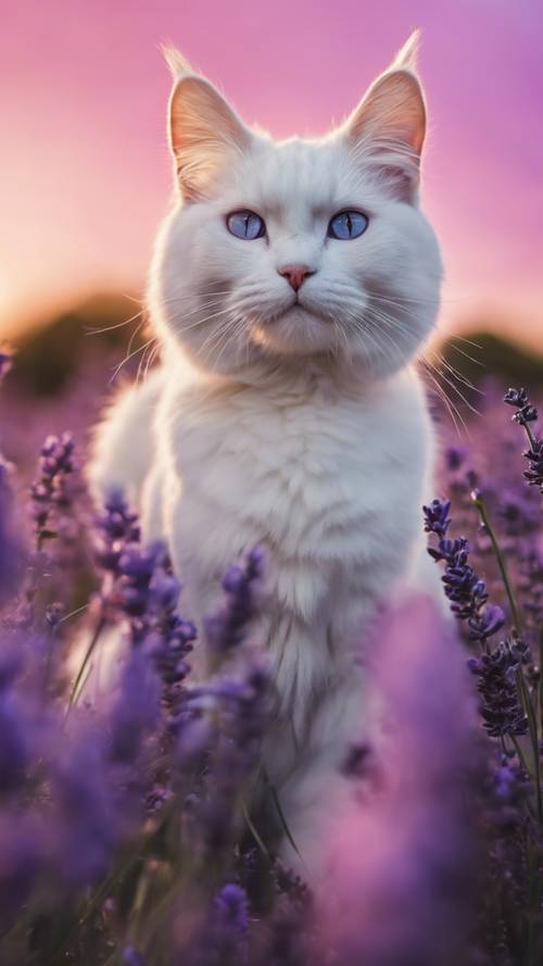 قطة بيضاء ناعمة ذات عيون بنفسجية تلعب في حقل من الخزامى تحت سماء غروب الشمس الأرجوانية.