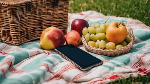 An iPhone XS Max on a picnic blanket alongside a basket filled with fresh fruits, against a park background.