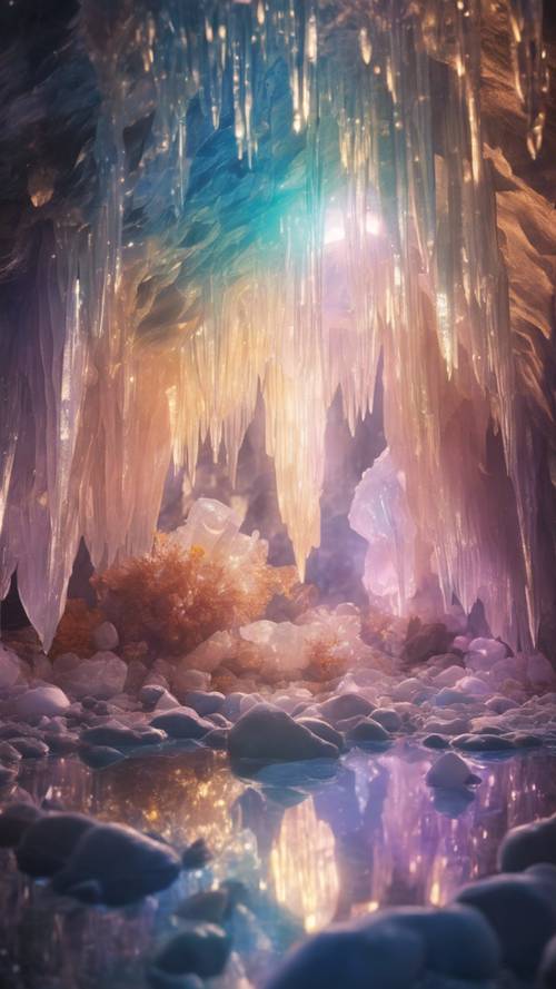 Uma caverna de cristal opalescente brilhando sob a luz solar fraca em um sonho.