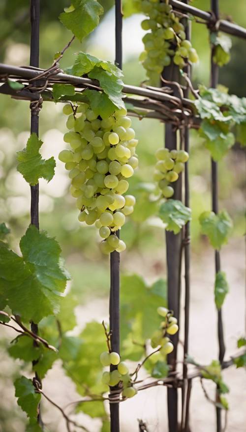 A vine that is carefully trained along the framework of a garden trellis.