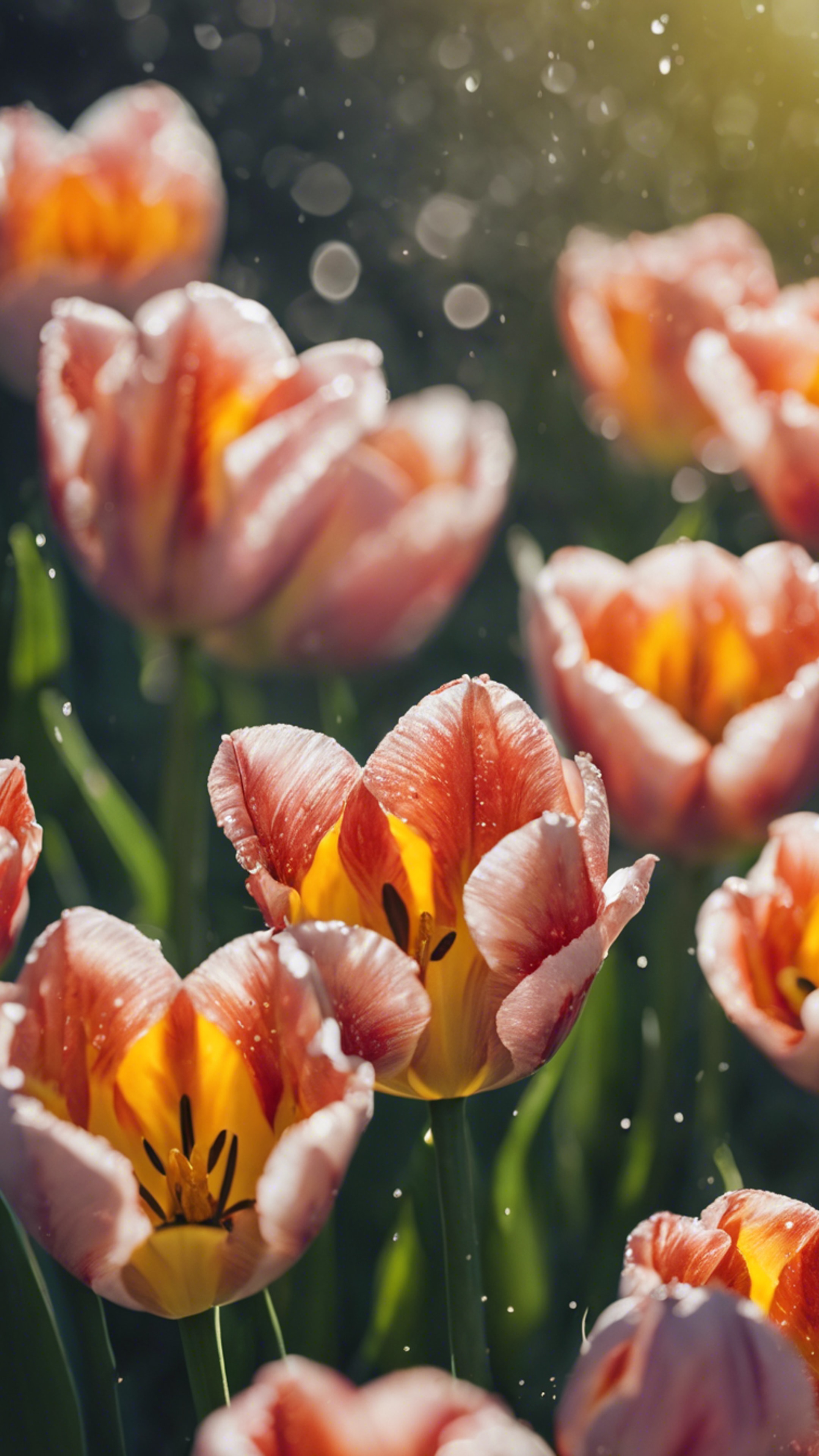 A close-up image of dew-speckled tulip petals opening to the warmth of a mild spring morning.壁紙[e13c163b065d4542a7e5]