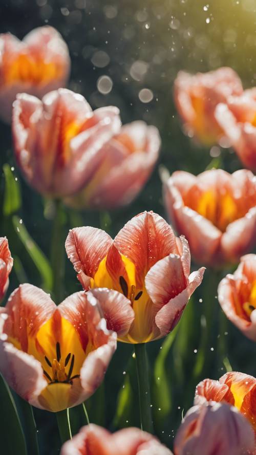 Eine Nahaufnahme von taubesprenkelten Tulpenblättern, die sich in der Wärme eines milden Frühlingsmorgens öffnen.