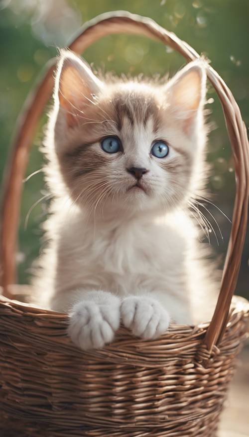 Un chaton aux yeux hétérochromes assis dans un panier en forme de cœur.