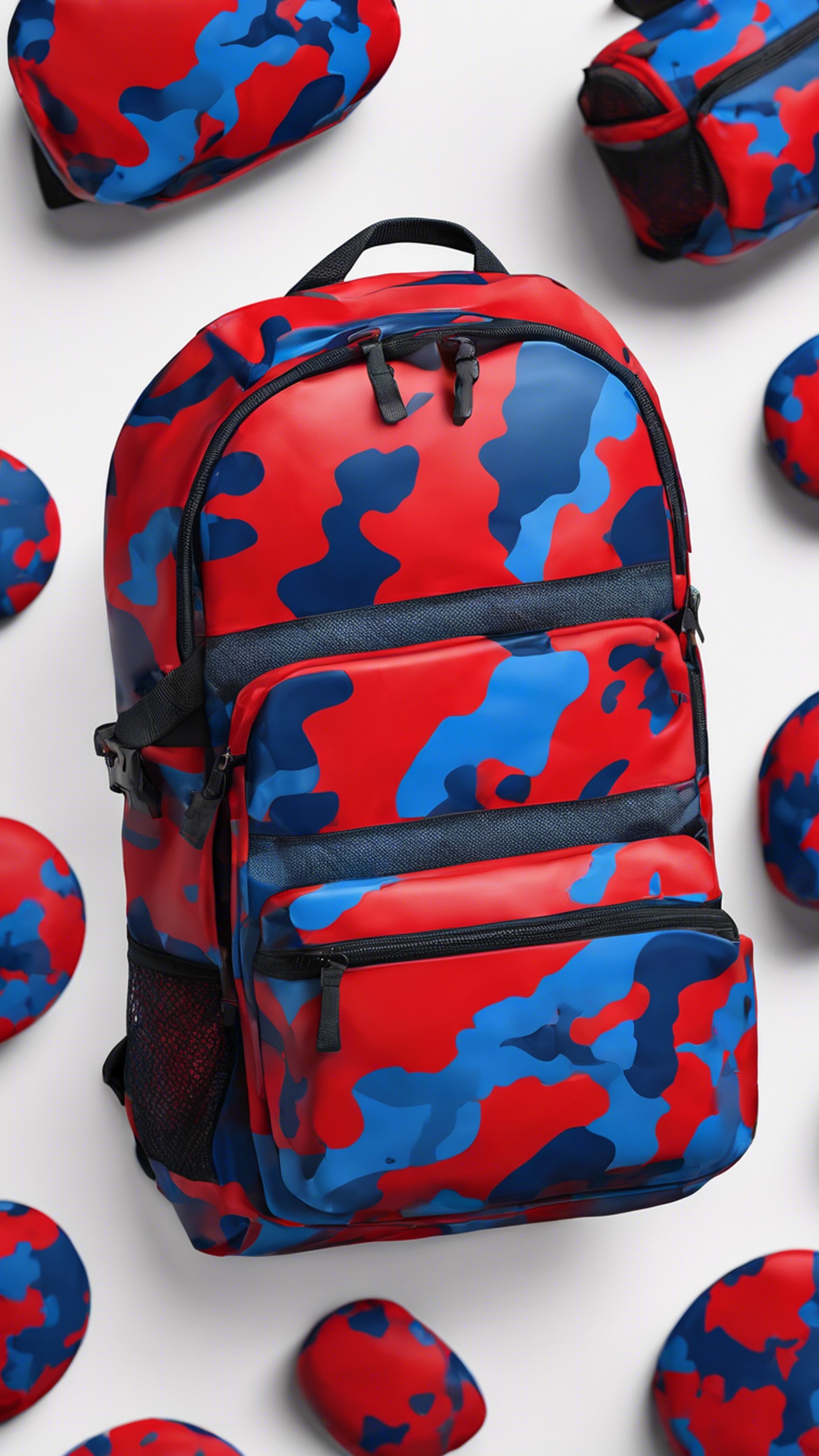 A seamless pattern of red and blue camouflage like on a sports backpack. Behang[ebf2c58b20f943e08eab]