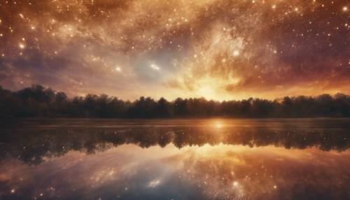 A golden sunset painted sky gradually revealing a majestic galaxy.