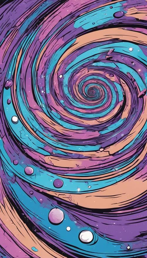 Una caricatura de estilo retro de una galaxia espiral con vibrantes tonos morados y azules.
