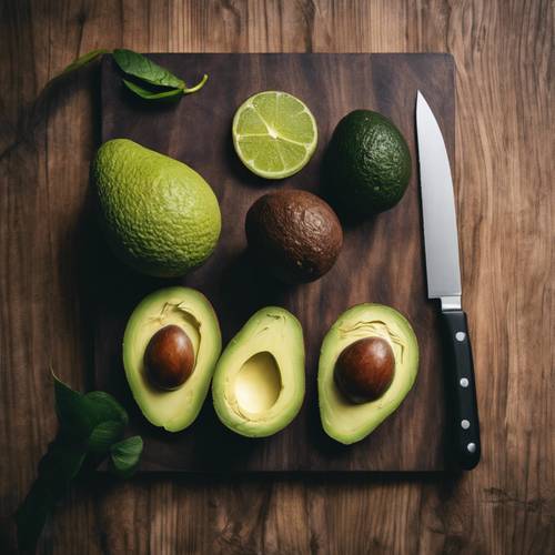 Seen from above, a chef's hand delicately slicing a ripe avocado on a dark wooden chopping board.