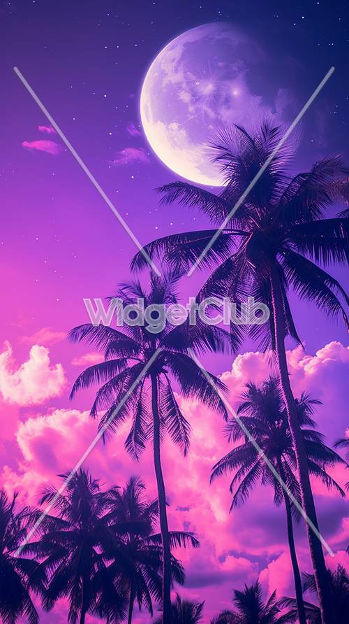 Escena de cielo púrpura y palmeras.