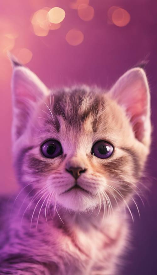 Un adorable chaton tigré sur un fond ombré rose et violet.