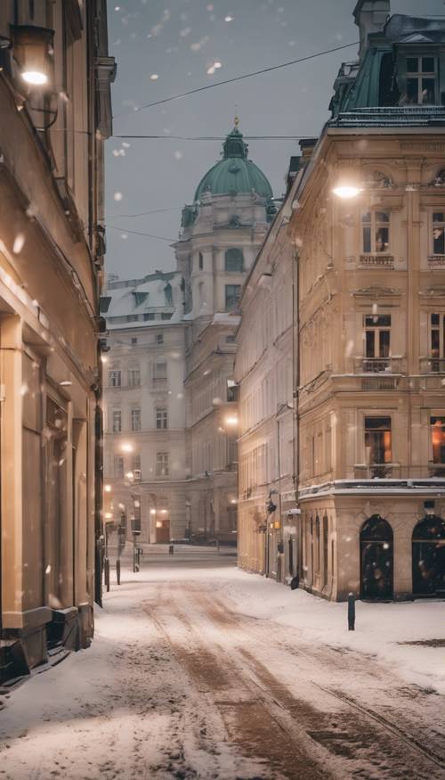 A snowy early morning scene of Vienna, with largely empty streets and flurries dancing in the air.