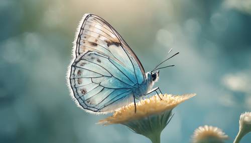 Una mariposa con delicadas alas translúcidas de color azul pastel.