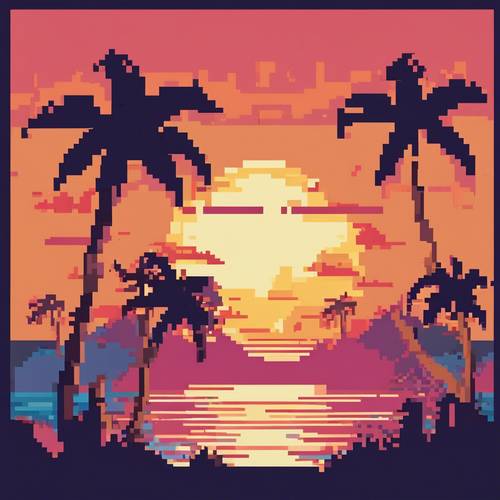 Mała, pikselowana scena ciepłego zachodu słońca na plaży z palmami tworzącymi piękne sylwetki.